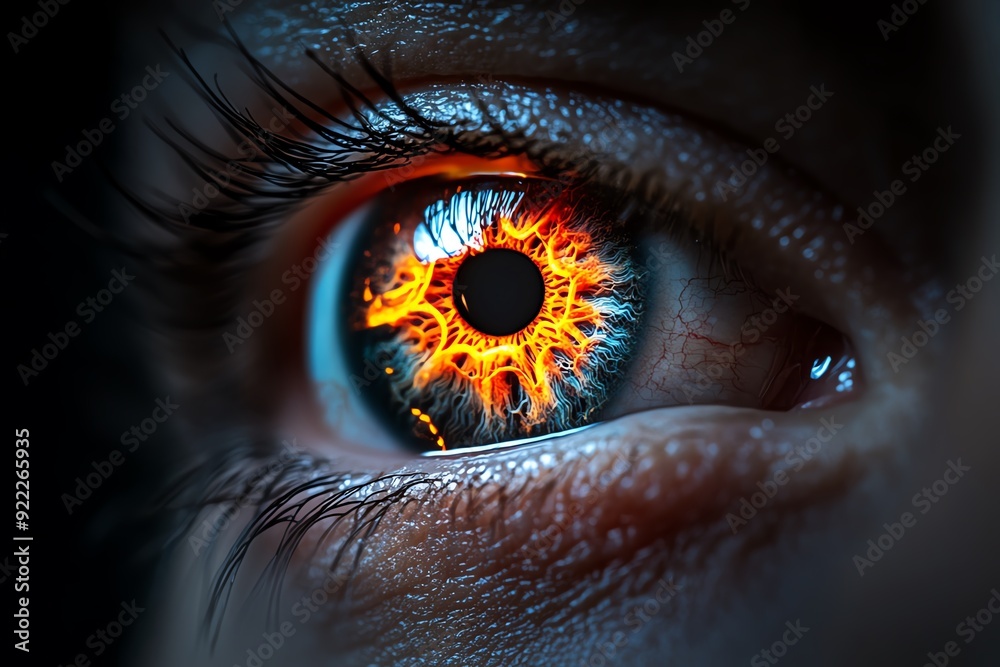 Poster close-up of a human eye with fiery iris, showcasing intense colors and intricate details for themes 