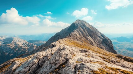 Top view of a rugged mountain peak with a large expanse of blue sky, perfect for a message