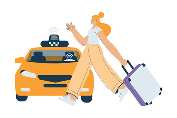 Woman with Suitcase Travel Use Taxi Electric Car Transport Rent and Sharing Service Vector Illustration