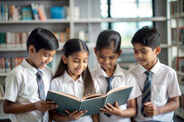 "Indian Schoolchildren Reading Together in Library" - A group of Indian children reading together in a school library, fostering a love for books.
