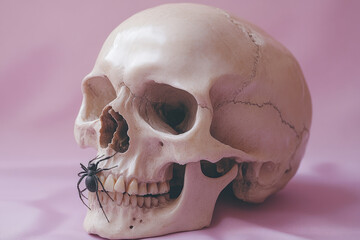 A skeleton skull with a single spider crawling out of its mouth, isolated on a pastel lavender background,
