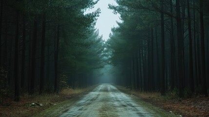 A road with trees on both sides and a foggy atmosphere
