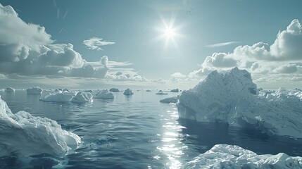 Arctic Icebergs Under Sunny Skies - Serene Seascape for Environmental Posters, Nature Prints. Generative ai