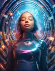 Obraz premium Android Girl Asleep in Liquid Gel – Dreaming of Electric Psychedelia in a Space Capsule – Cyberpunk and Hi-Tech Fantasy