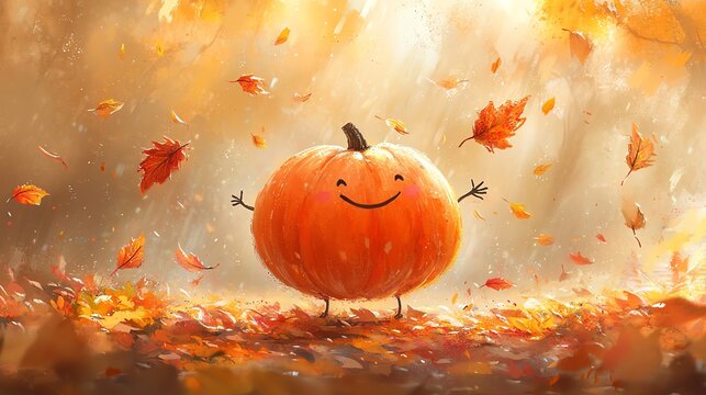 Cheerful pumpkin character surrounded by autumn leaves in a warm, colorful landscape, perfect for fall themed designs.