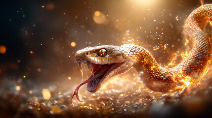 Inferno Serpent, A fierce snake with glowing eyes and bared fangs strikes amidst a fiery blaze, embodying raw power and elemental fury