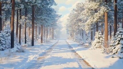 Obraz premium A snowy forest road with trees covered in snow