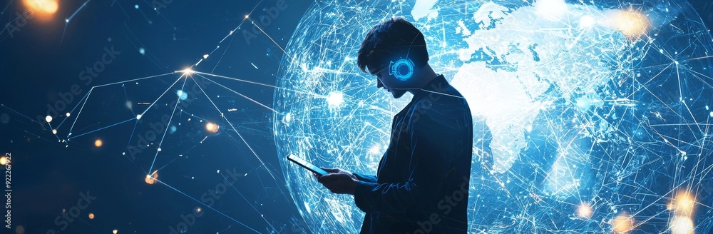Poster using a mobile phone and laptop with global network connection, computer code, and future technology