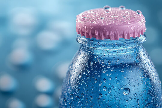 A bottle of mineral-infused water with condensation droplets, set against a pastel blue background, - Powered by Adobe