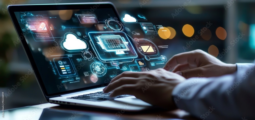 Poster in this scenario, a businessman is using a computer to backup storage data. it involves online docum