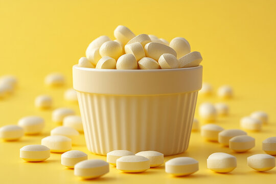 A container of selenium-enriched multivitamins, isolated on a pastel yellow background, - Powered by Adobe