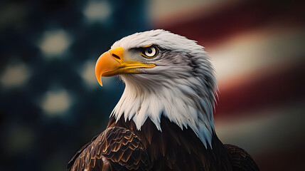 Fototapeta premium an American flag as the backdrop for a majestic bald eagle