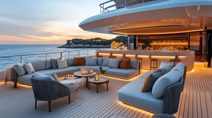 Luxury yacht deck at sunset with modern furniture, ambient lighting, comfortable sofas, and a fully stocked bar overlooking the ocean.