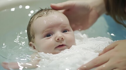 First Blessing: Newborn Baby Christian Baptized with Water