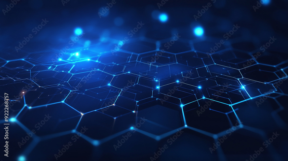Wall mural abstract blue technology background with a hexagon pattern for a digital network, futuristic & dynam