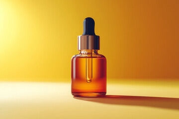 A bottle of copper-infused skincare serum, set against a pastel yellow background,