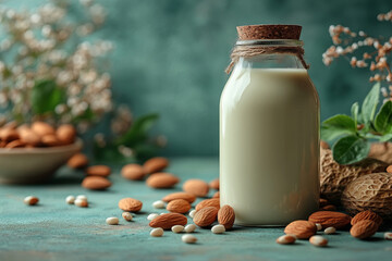 A package of calcium-fortified almond milk, isolated on a pastel green background,