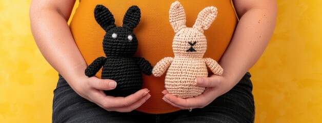 Pregnant woman cradling knitted dog and rabbit toys in a minimalist setting against a cheerful yellow backdrop