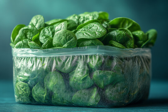 A bag of mineral-rich spinach leaves, set against a pastel blue background, - Powered by Adobe