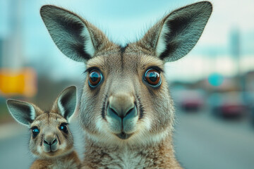 Obraz premium A startled kangaroo, with wide eyes, upon seeing a tiny joey floating beside it, set against a pastel turquoise background,