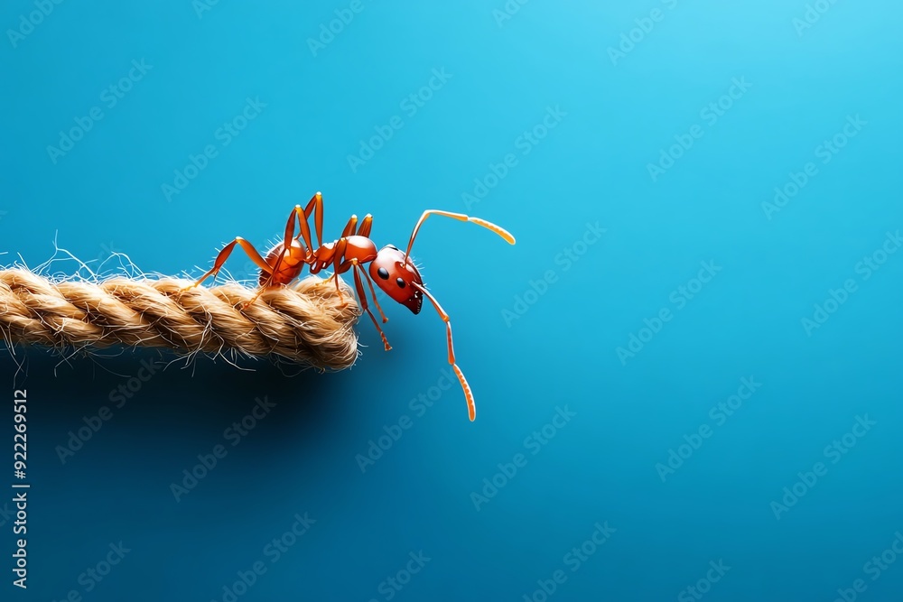 Poster close-up of a red ant on a rope against a blue background, highlighting its intricate details and vi