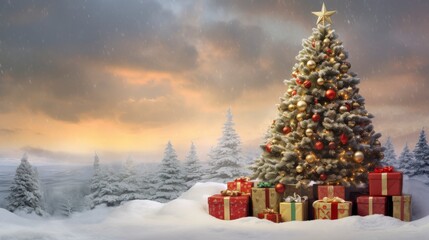Obraz premium A festive Christmas scene featuring a decorated tree and wrapped gifts in a snowy landscape.