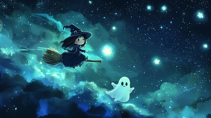 A whimsical illustration of a witch flying on a broomstick with a friendly ghost under a starry night sky.