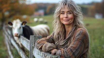 Farmer smiling and leaning on fence with cows in pasture