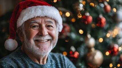 Senior man wearing santa hat smiling in front of christmas tree