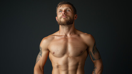 Fototapeta premium Shirtless man with a fit physique and tattoos on his arms, bearded and looking upwards against a dark background.