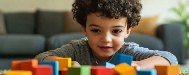 Young boy playing with building blocks at home