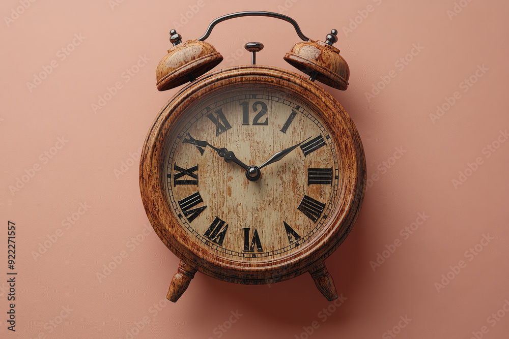 Poster A question mark with a small clock beside it, representing a question about time, isolated on a pastel peach background,