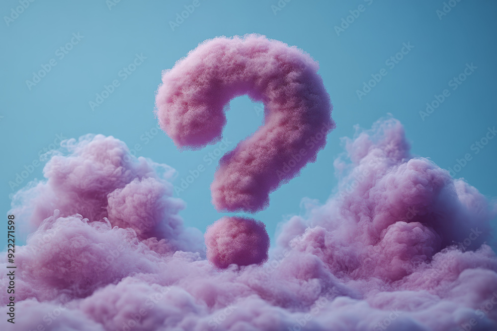 Poster A question mark with a thought bubble hovering above, filled with random symbols, isolated on a pastel lavender background,