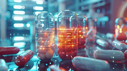 Vibrant capsules with glowing elements, showcasing modern pharmaceutical innovation and health technology on a reflective surface.