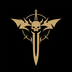 mysterious golden magical demon sword logo vector design