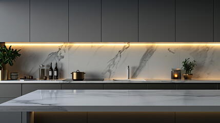 Modern kitchen with sleek gray cabinets and a white marble countertop. The warm light from the under-cabinet lighting creates a inviting atmosphere.