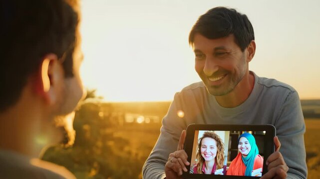 A man uses a tablet to make a video call with an on-screen interlocutor