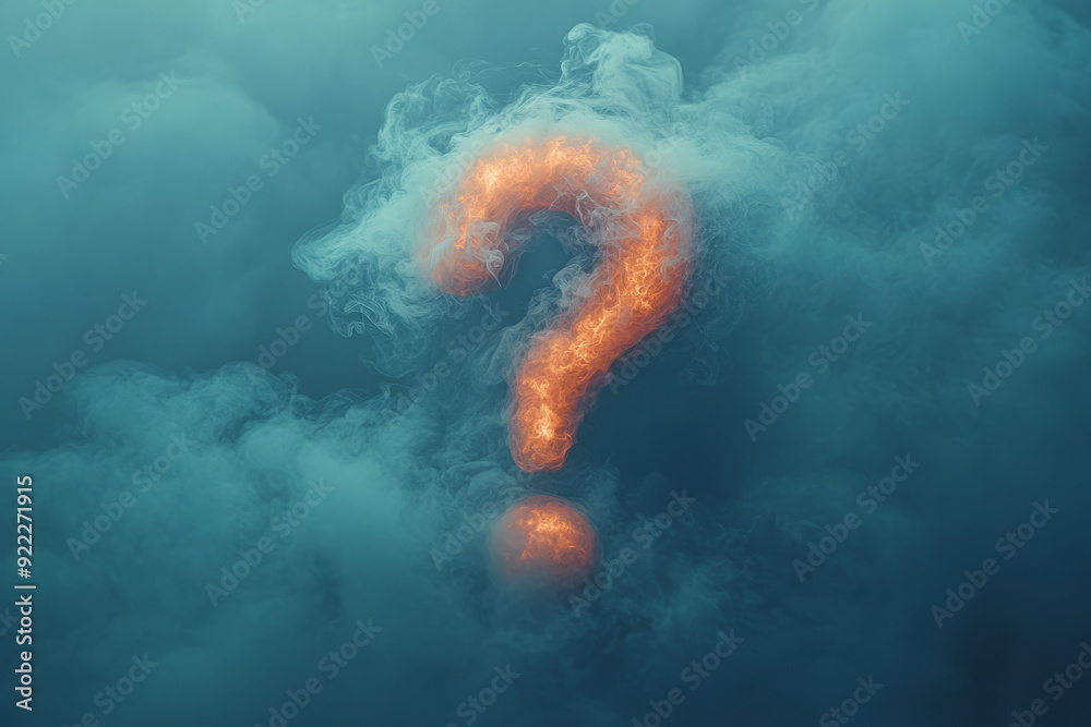 Poster a question mark with a light mist or fog around it, representing uncertainty, set against a pastel t