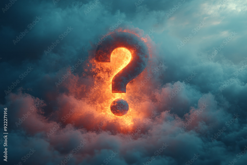 Poster A question mark with a light mist or fog around it, representing uncertainty, set against a pastel turquoise background,