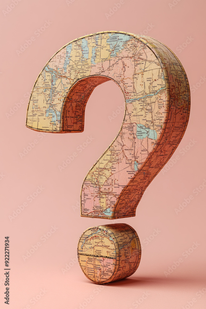 Poster A question mark with an open map, symbolizing questions about travel or direction, isolated on a pastel coral background,