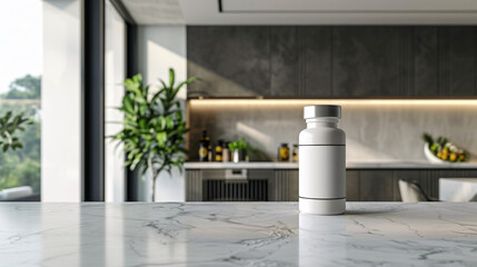 A white pill bottle sits on a marble countertop in a modern kitchen. The bottle has a blank label, perfect for your design.