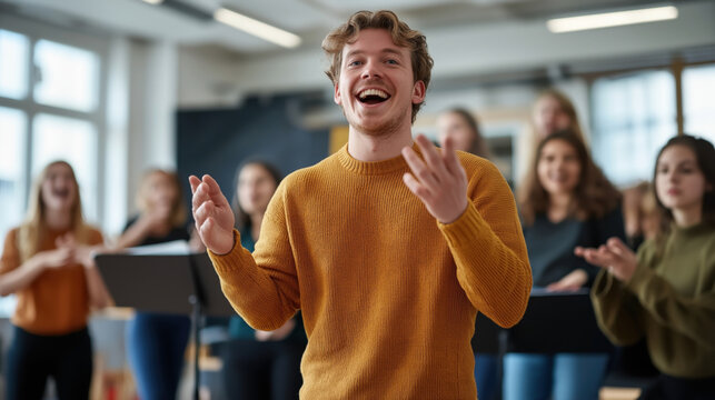 Young man leading a singing group during a choir practice session in a bright, modern room with natural light.
