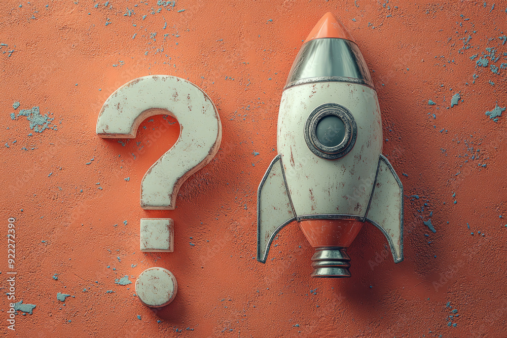 Poster a question mark with a tiny rocket ship, symbolizing curiosity about space or exploration, isolated 