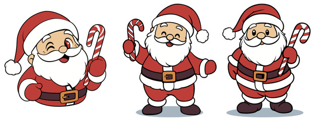 Set of Cute Santa with Candy Canes, Ideal for Holiday and Christmas Themes - Flat Vector Illustration
