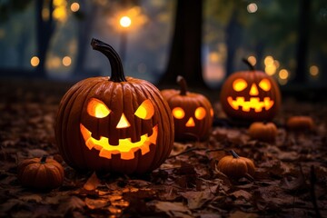 Three pumpkins with glowing eyes