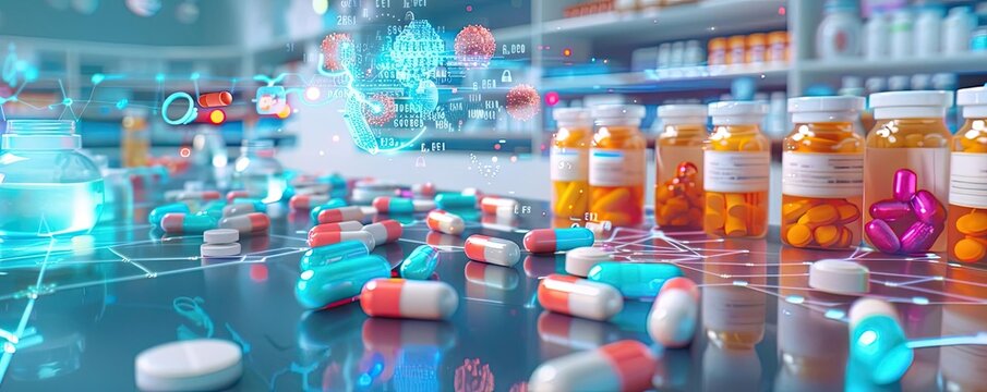 A vibrant display of colorful medication in a futuristic pharmacy setting, showcasing innovation in healthcare and pharmaceuticals.
