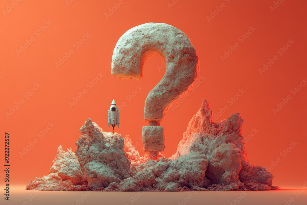 Poster A question mark with a tiny rocket ship, symbolizing curiosity about space or exploration, isolated on a pastel coral background,