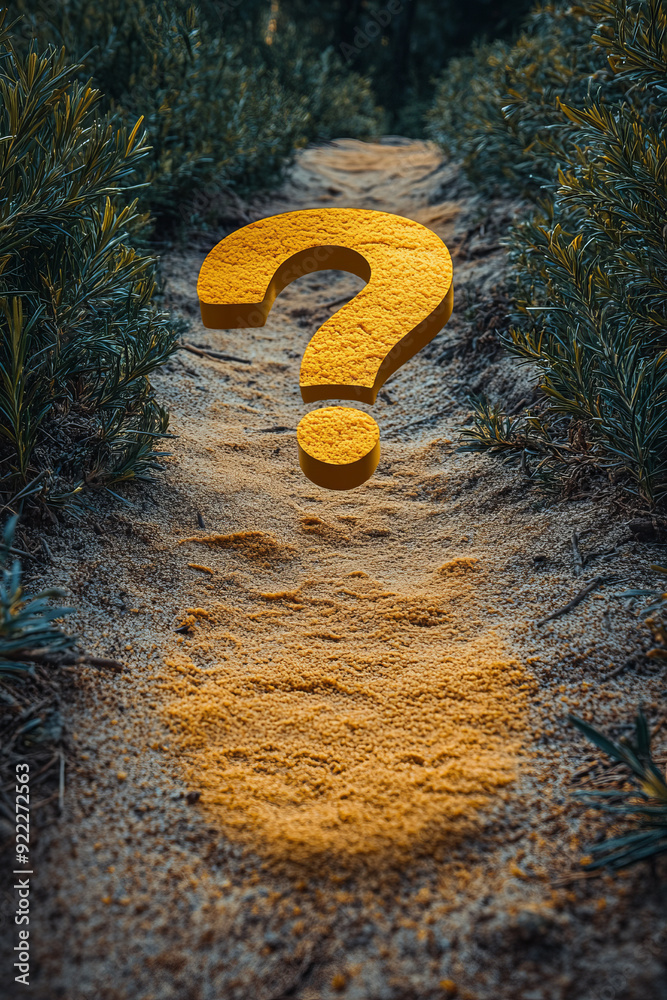 Aufkleber a question mark with a pair of footsteps leading away, representing questions about the future, set 