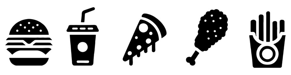 Fast Food Icons Silhouette Set, Ideal for Culinary and Restaurant Themes - Flat Vector Illustration