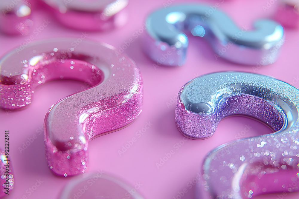 Poster a mix of dull question marks with one sparkling and silver, set against a pastel lavender background